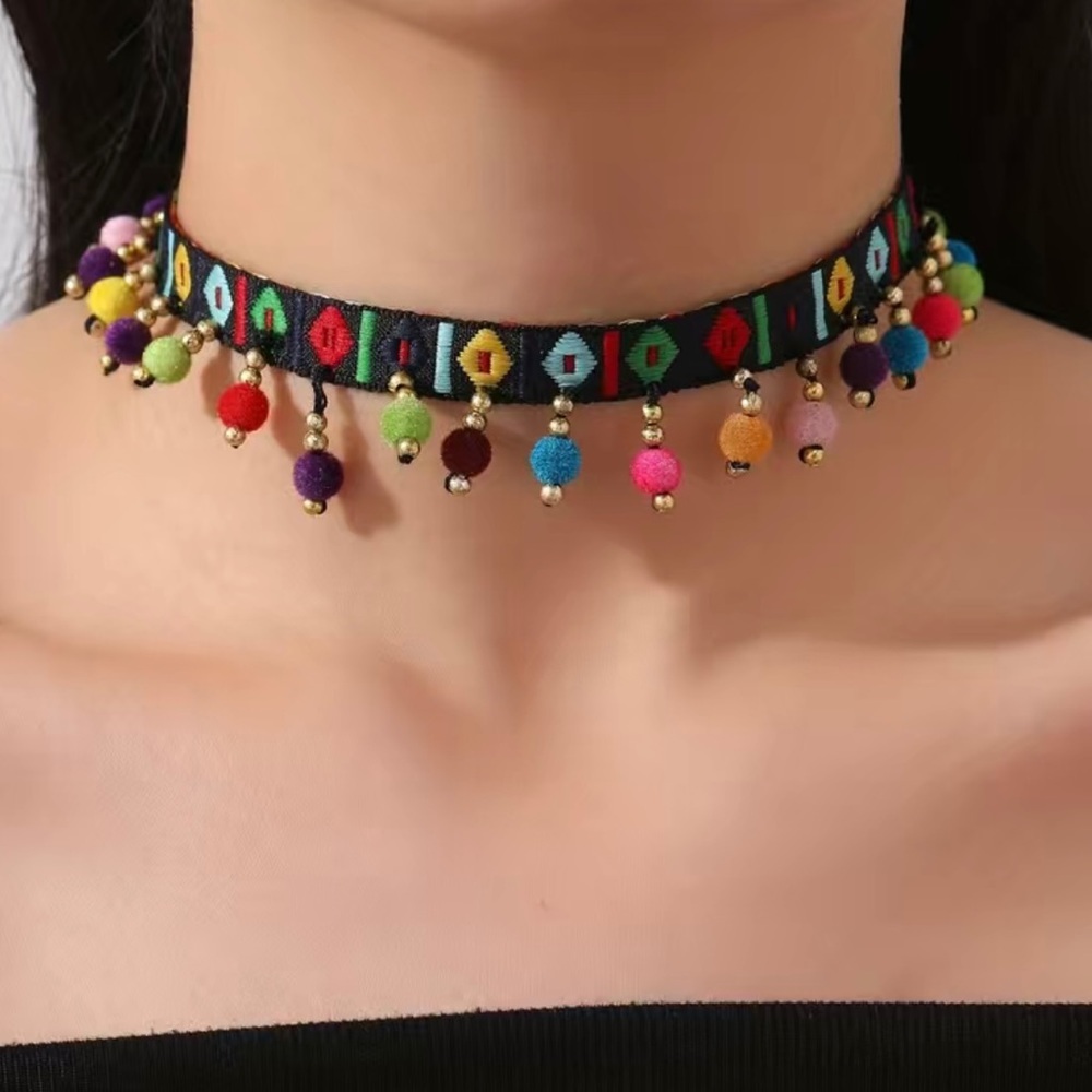 Bohemian Embroidery Collar Female Handmade Colorful Ball Tassel Pendant Necklace